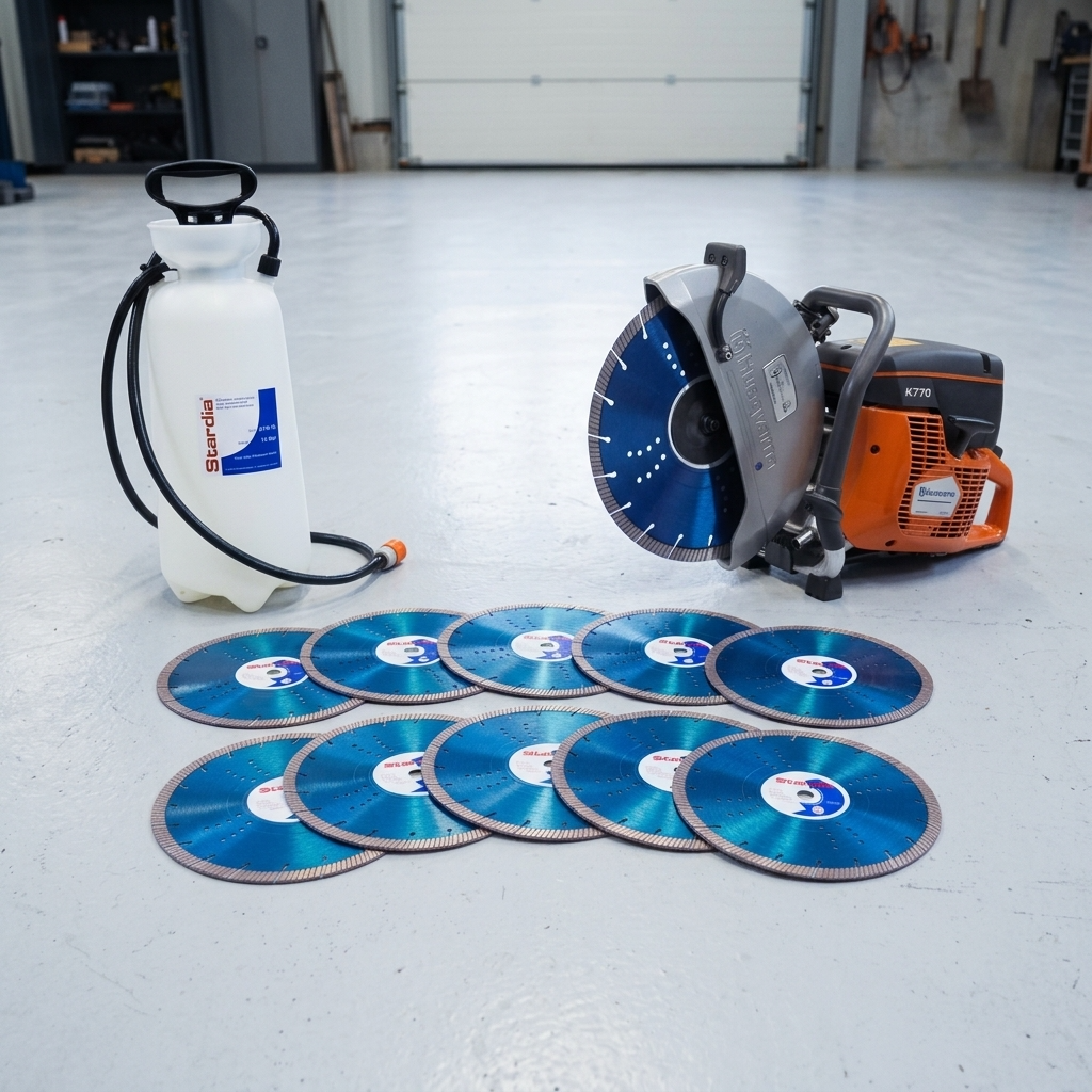 Pakket met bandenzaag 300mm, 10 zaagbladen 300mm en waterdrukvat - Husqvarna K770