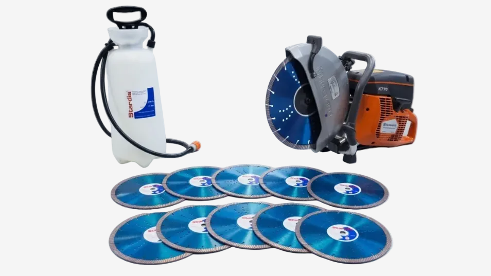 Pakket met bandenzaag 350mm, 10 zaagbladen 350mm en waterdrukvat - Husqvarna K770, € 1.699,00